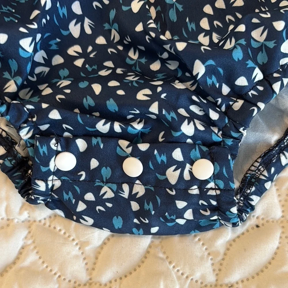 Blue Floral Smocked Bodice Baby Romper Snapped Crotch with Headband 3-6 M